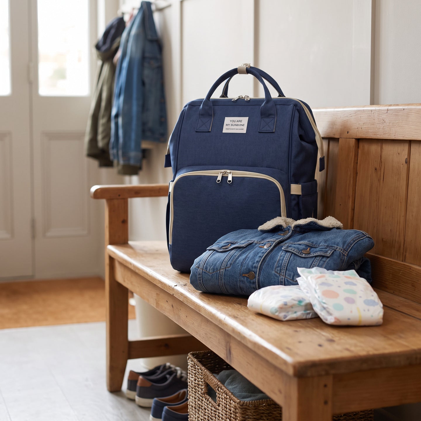 Fold-out diaper backpack closed and extended