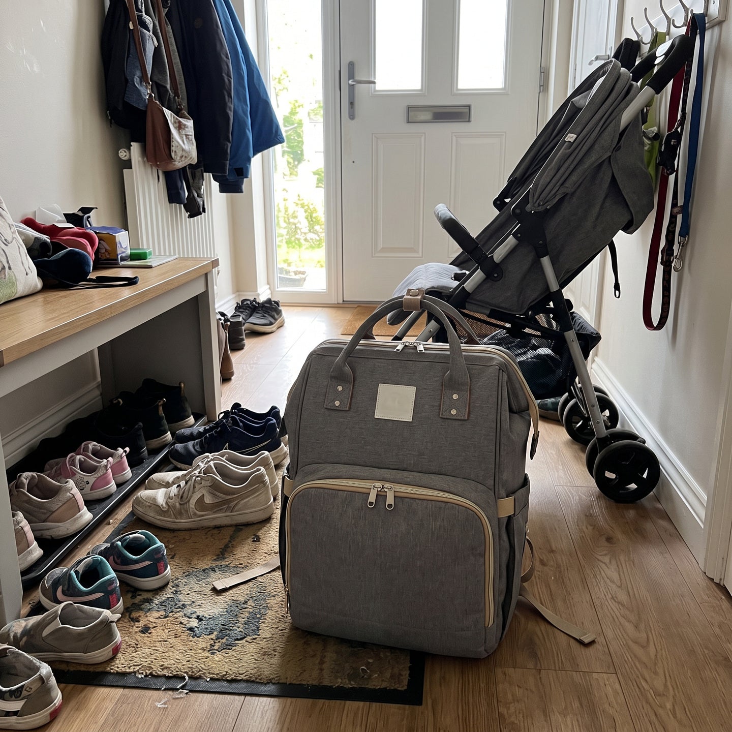 Backpack beside packed nappies and wipes at home