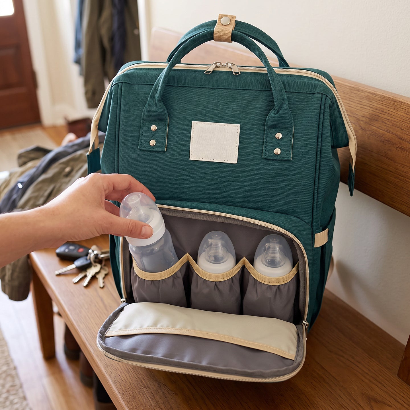 Parent lifting the packed backpack by its top handle