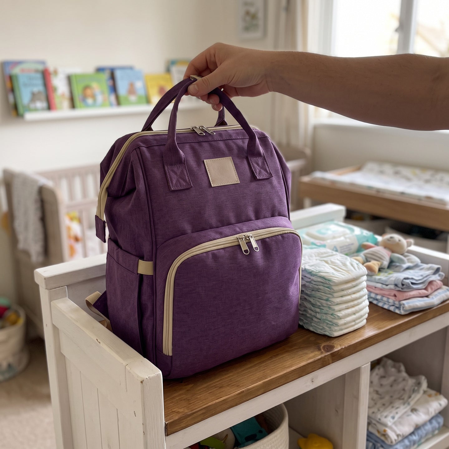 Packed backpack beside overnight clothing for a family visit