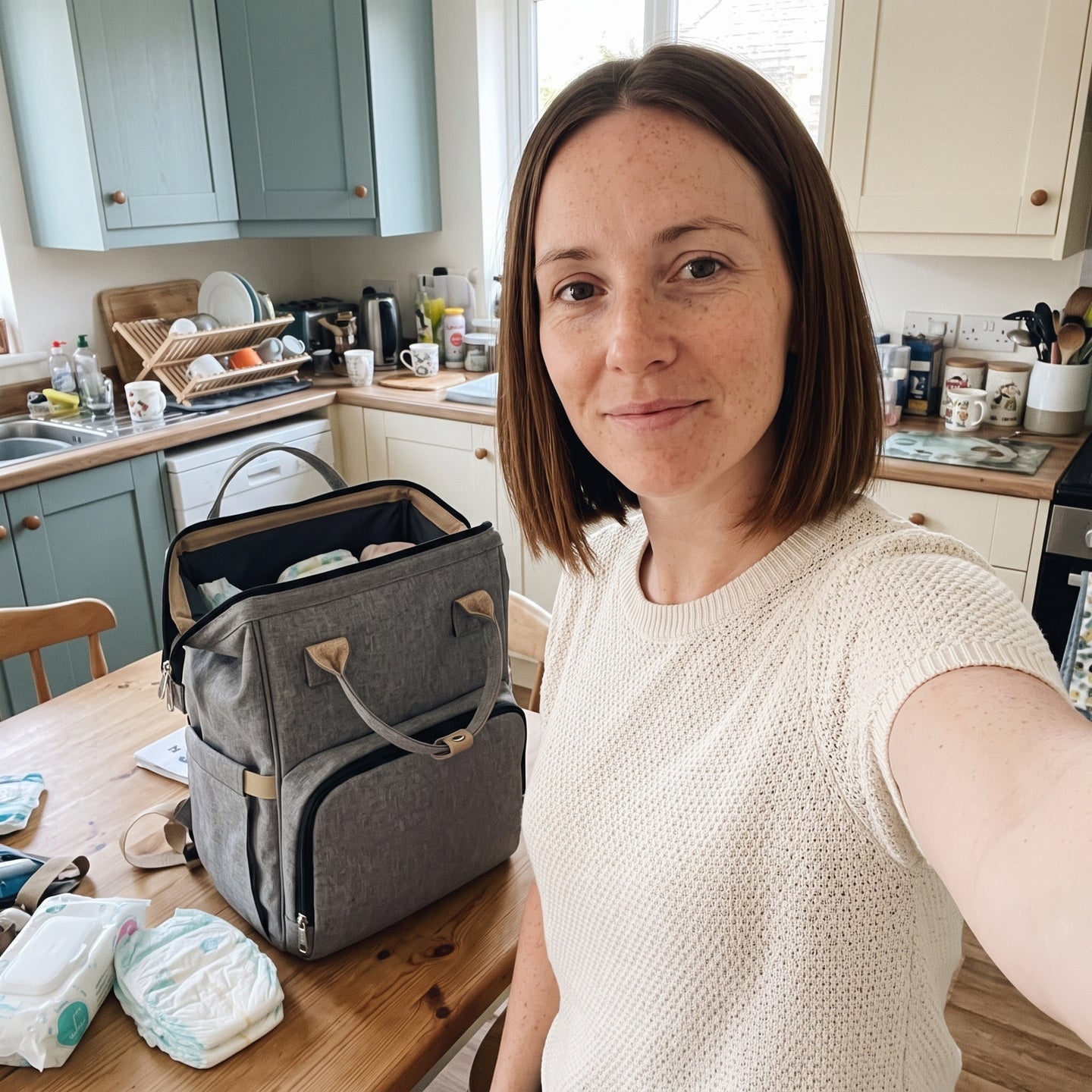 Emma packing nappies in her diaper backpack at home