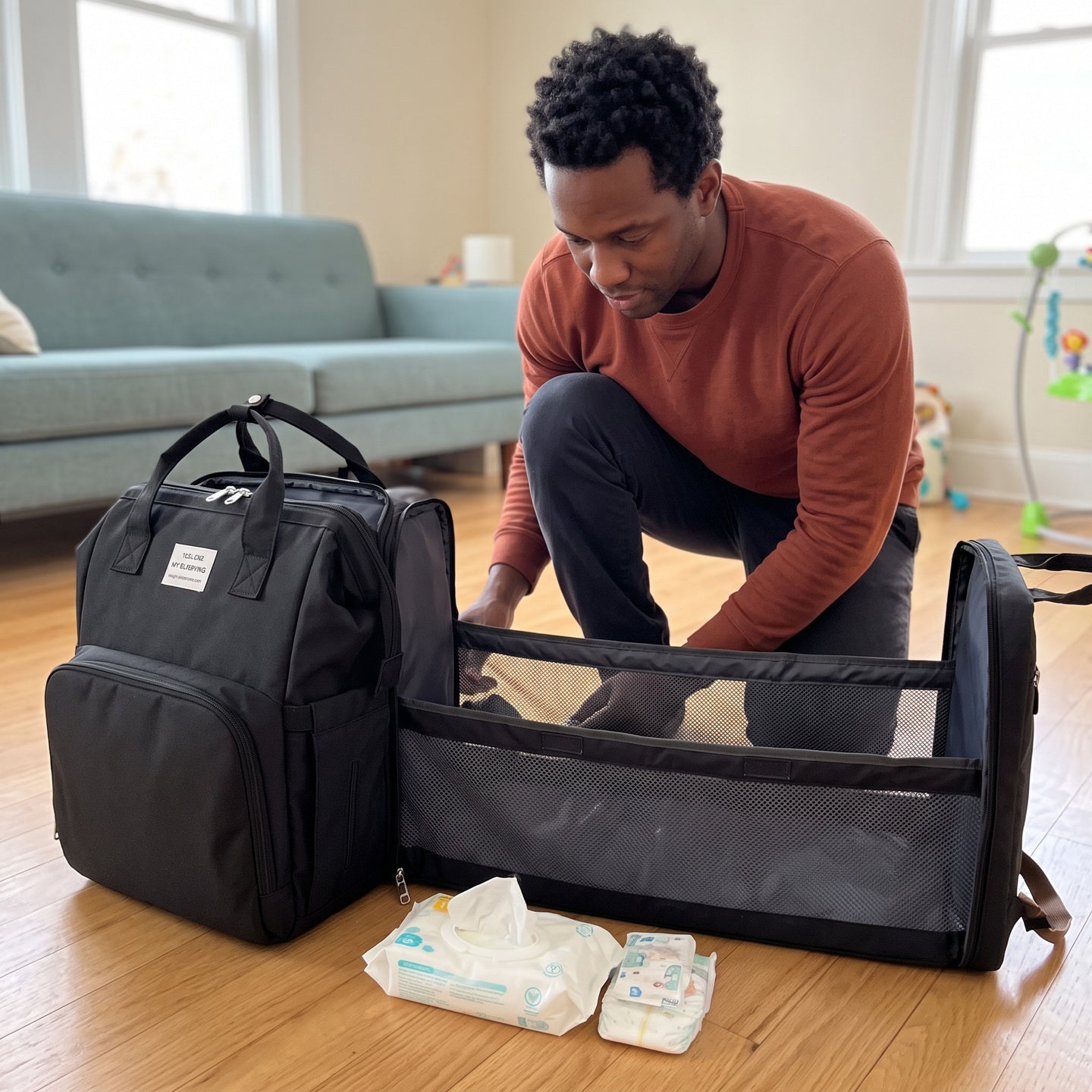 Noah beside the unfolded diaper backpack changing space